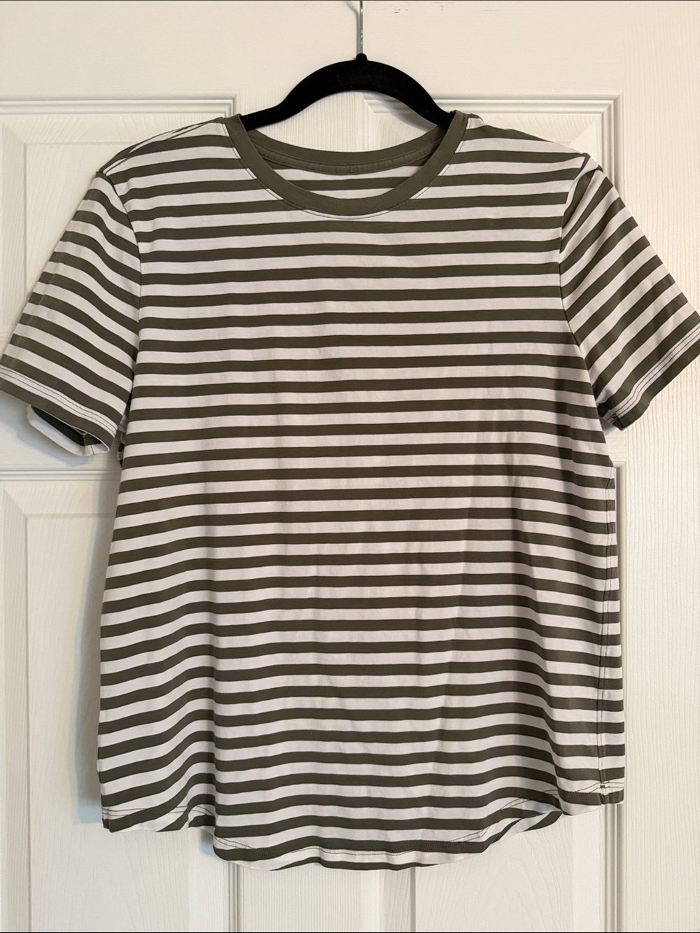 lululemon athletica Love Crew Olive and White Striped Short Sleeve Tee